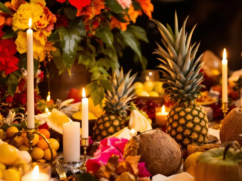 Altar con flores, frutas y velas encendidas