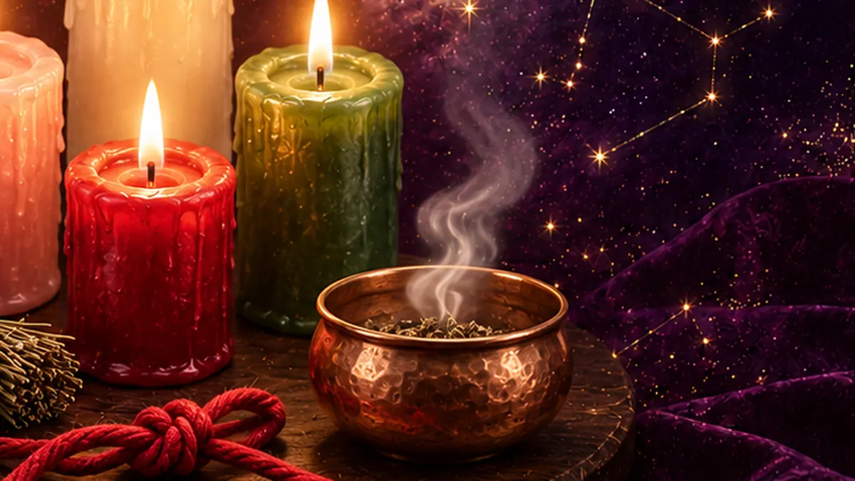 Cuenco de cobre con hierbas humeantes junto a velas encendidas y un cordón rojo anudado