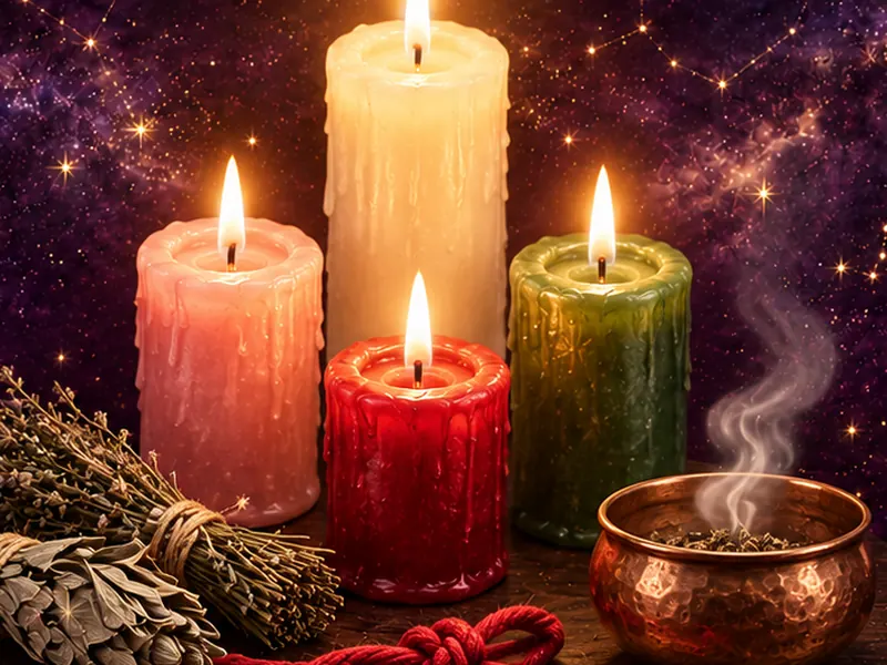 Cuatro velas encendidas, salvia y un cordón rojo sobre terciopelo oscuro