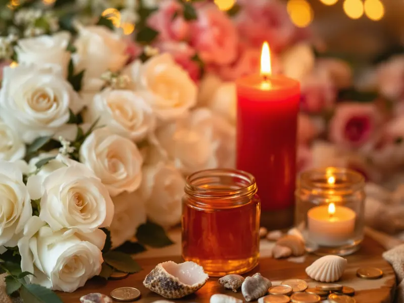 Velas encendidas junto a rosas blancas y conchas sobre una mesa de madera