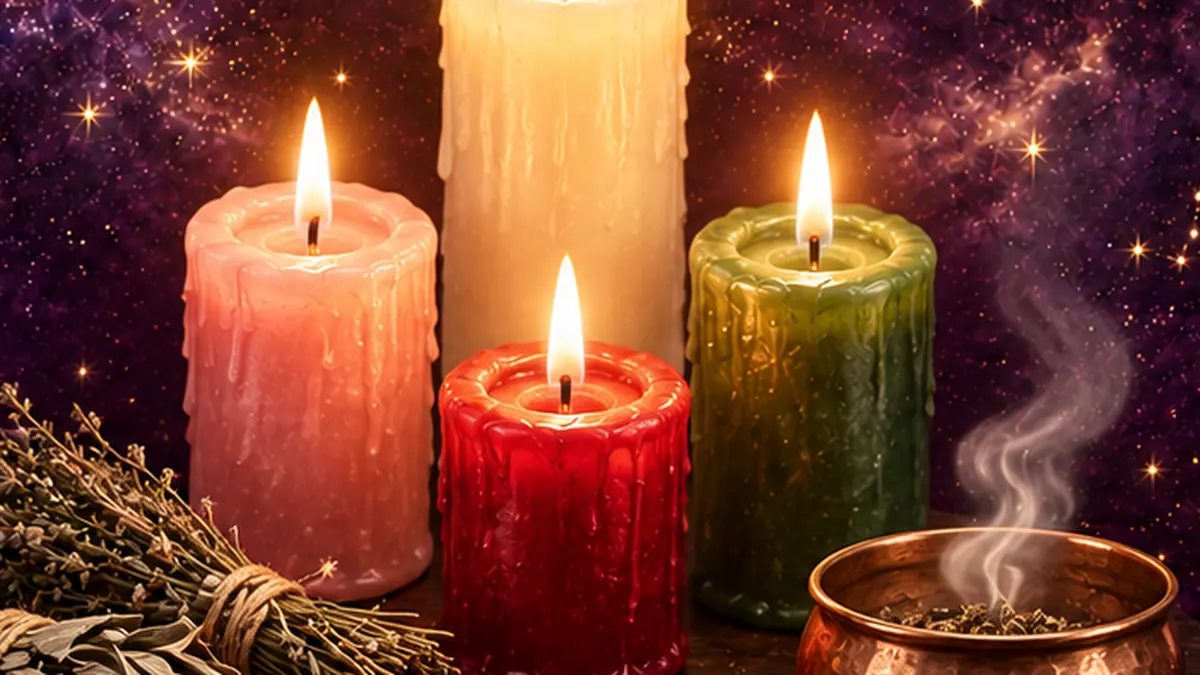 Cuatro velas encendidas, salvia y un cordón rojo sobre terciopelo oscuro